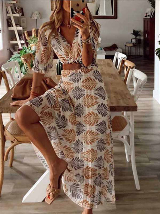 Leaf Print Pleated Maxi Vacation Shirt Dress