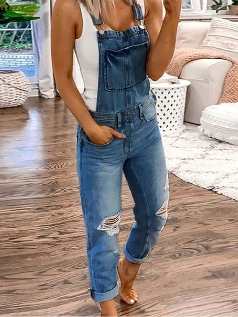 Stunncal Plain Denim Ripped Jumpsuit