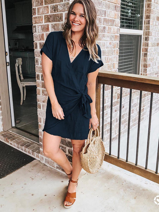 Stunncal Knot V Neck Short Sleeve Mini Dress