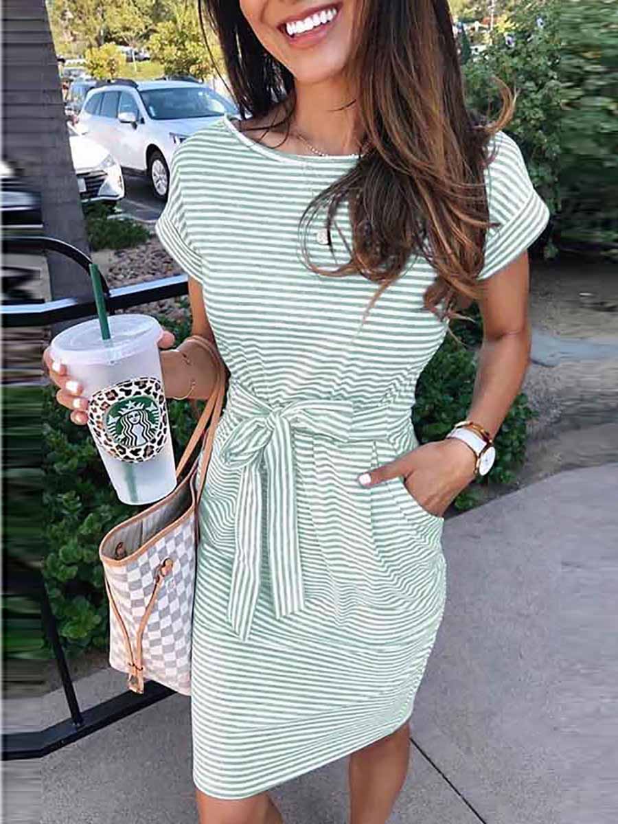 Stunncal Short Sleeve Pinstripe Round Neck Casual Wear Dress