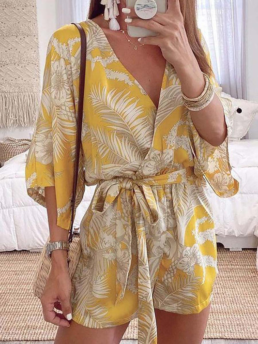 Stunncal Plant Print Bat Sleeve Kimono Romper