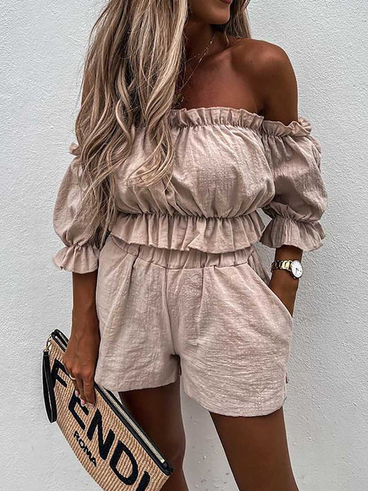 Stunncal Summer Off Shoulder Linen Shorts Suit