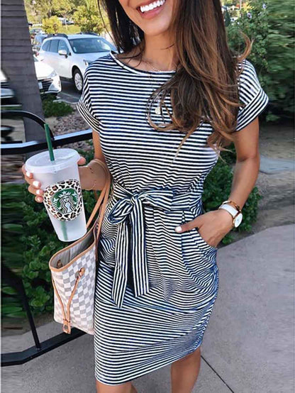 Stunncal Short Sleeve Pinstripe Round Neck Casual Wear Dress