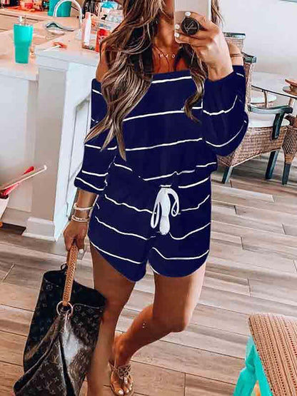 Stunncal Long Sleeve Striped Off Shoulder Casual Wear Romper