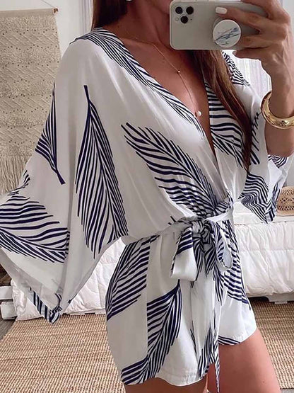 Stunncal Plant Print Bat Sleeve Kimono Romper