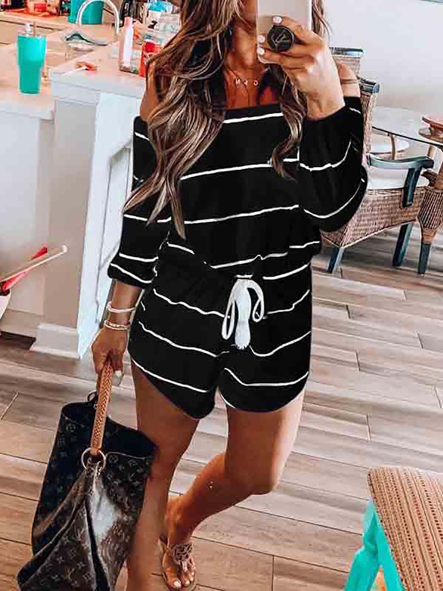 Stunncal Long Sleeve Striped Off Shoulder Casual Wear Romper