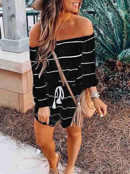 Stunncal Long Sleeve Striped Off Shoulder Casual Wear Romper