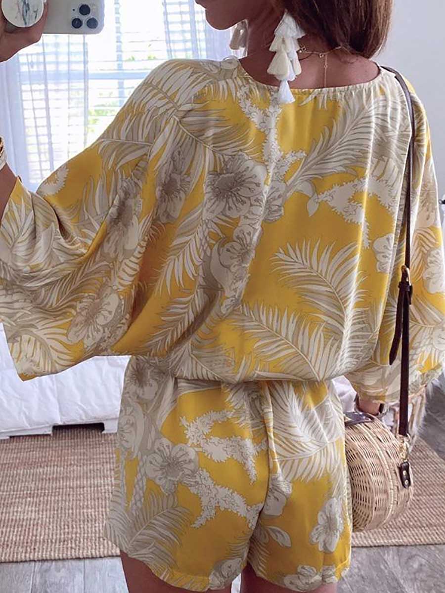 Stunncal Plant Print Bat Sleeve Kimono Romper