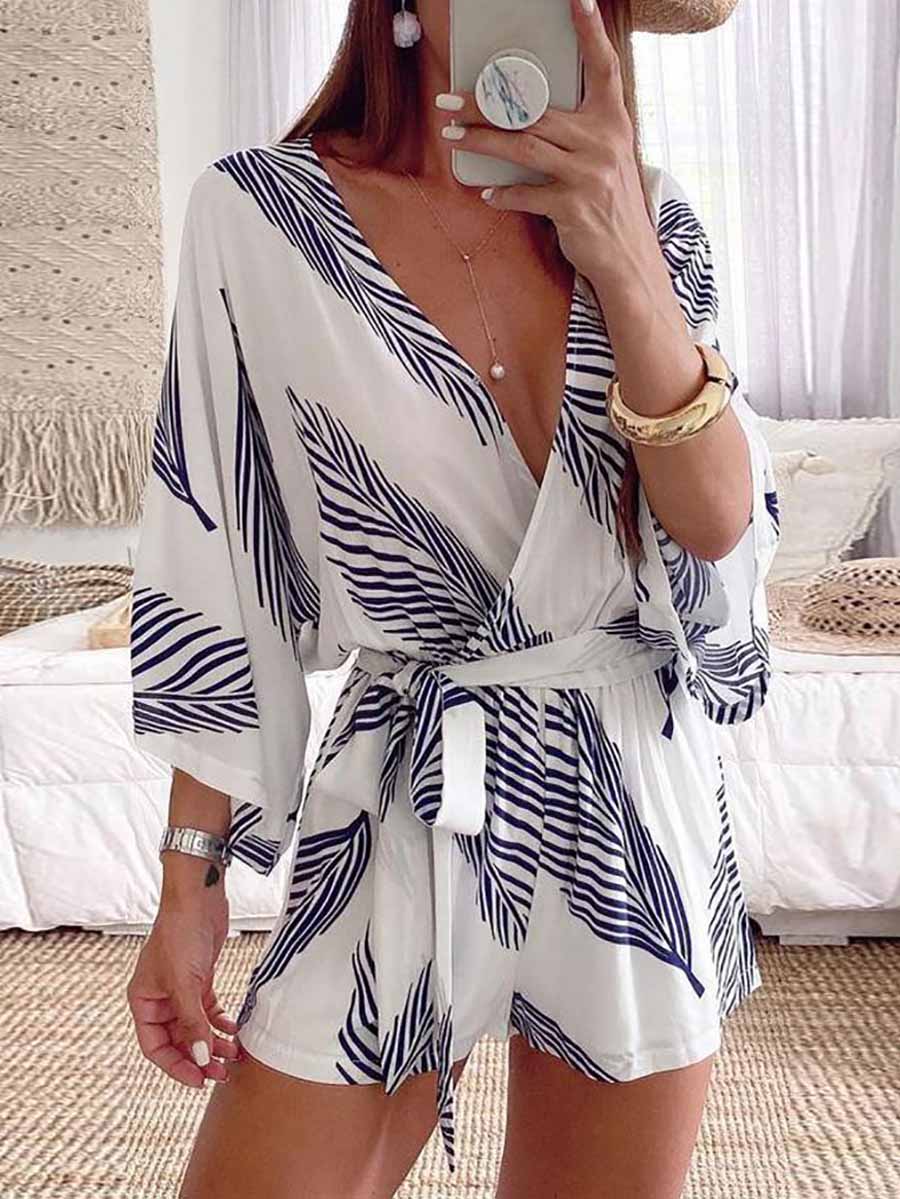 Stunncal Plant Print Bat Sleeve Kimono Romper