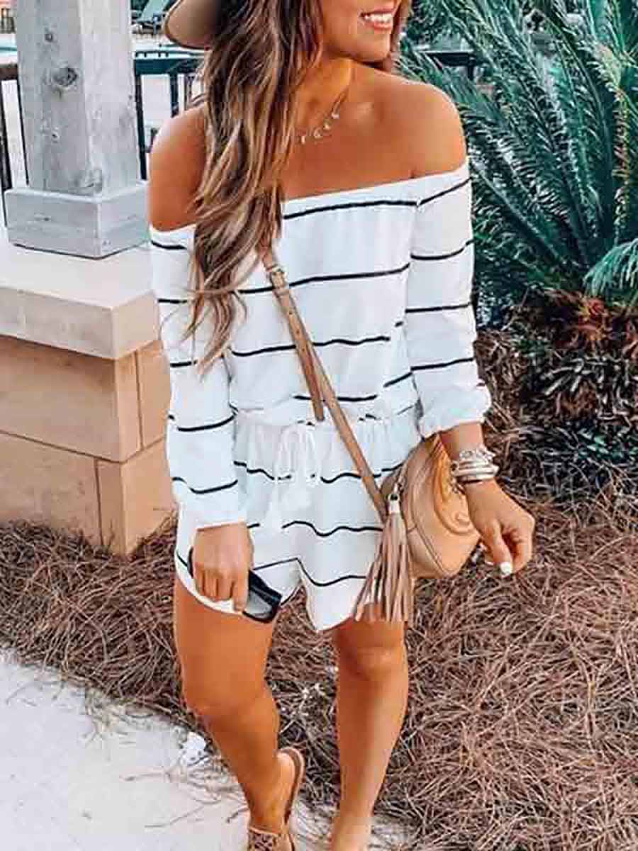 Stunncal Long Sleeve Striped Off Shoulder Casual Wear Romper