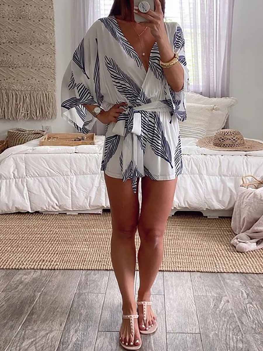 Stunncal Plant Print Bat Sleeve Kimono Romper