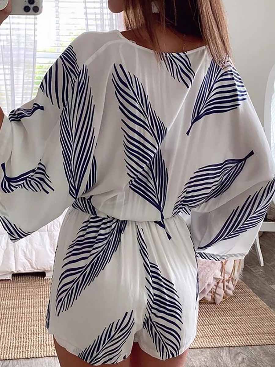 Stunncal Plant Print Bat Sleeve Kimono Romper