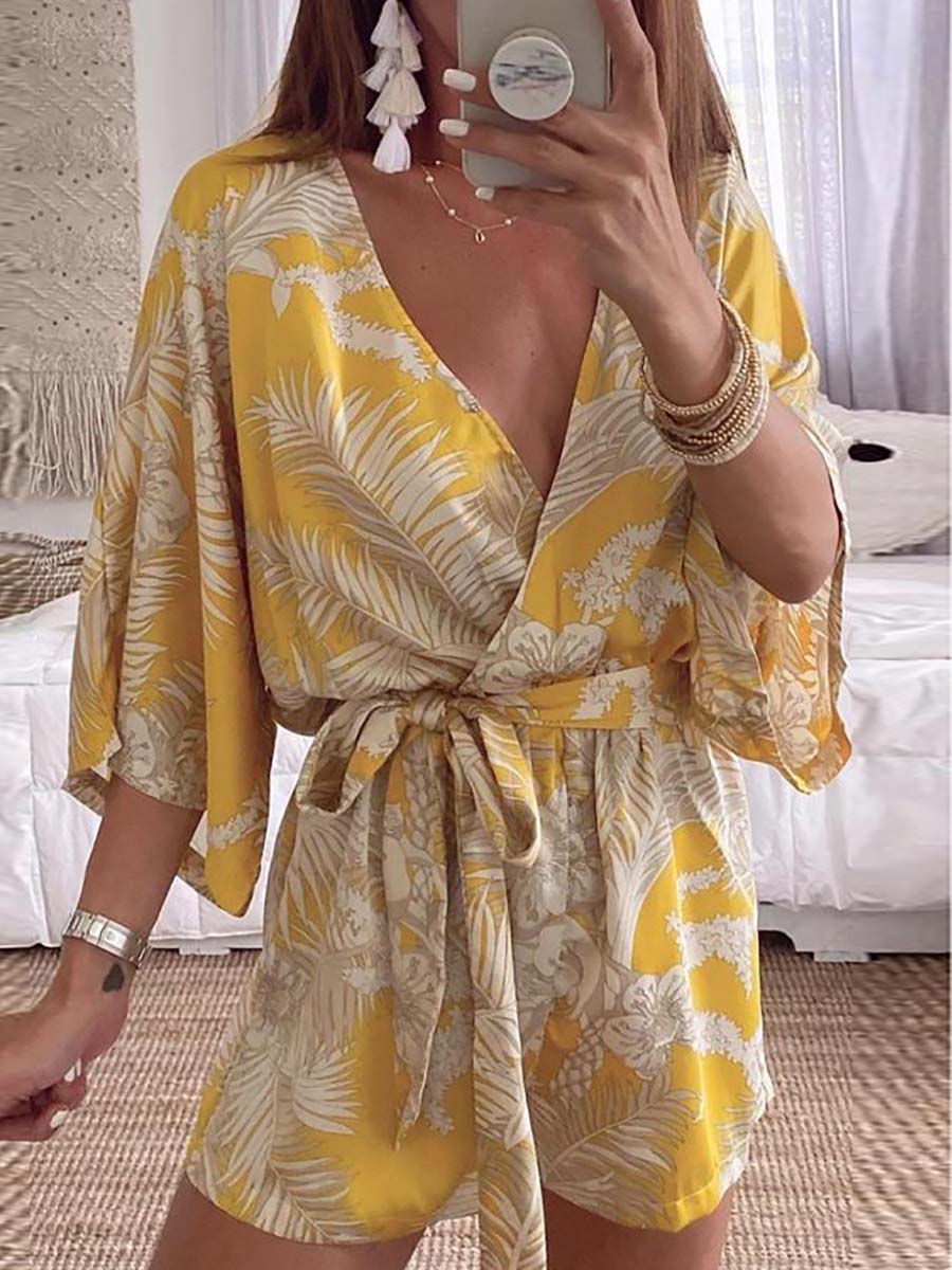 Stunncal Plant Print Bat Sleeve Kimono Romper