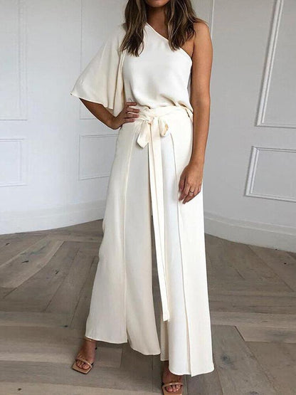 Stunncal One Shoulder Blouse Wide Leg Pants Set (3 colors)