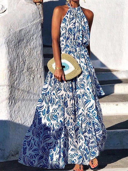 Fashion Halterneck Tropic Print Maxi Vacation Dress