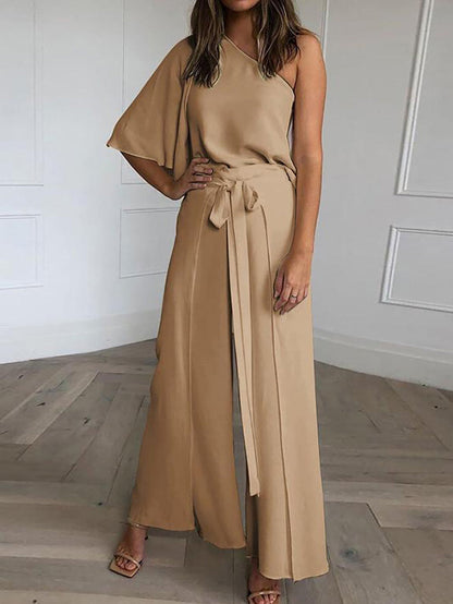 Stunncal One Shoulder Blouse Wide Leg Pants Set (3 colors)