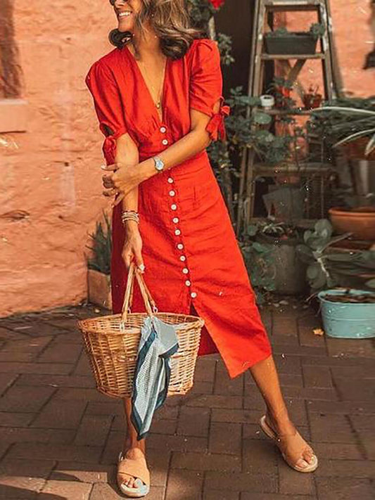 Stunncal Button Knot Sleeve Dress