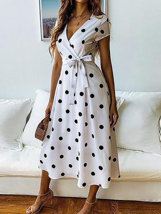 Stunncal Dot Print V Neck Sleeveless Dress