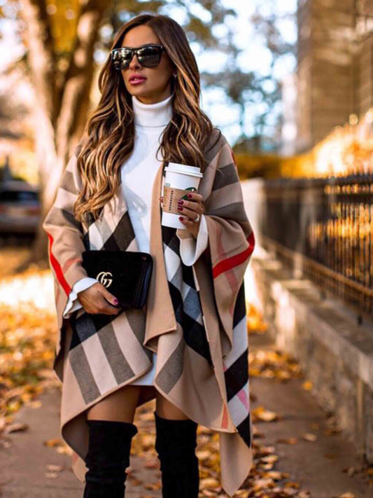 Stunncal Plaid Woolen Shawl Coat