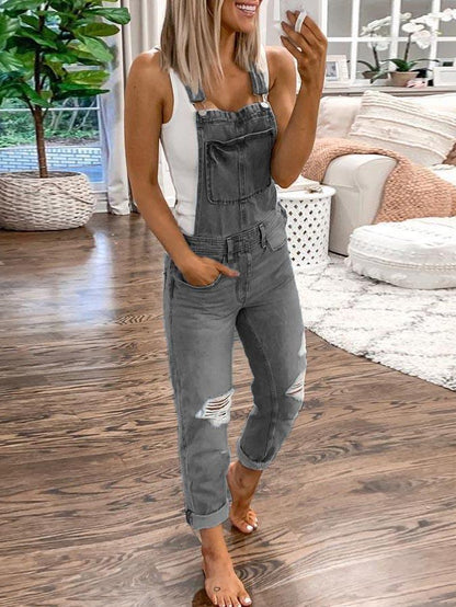 Stunncal Plain Denim Ripped Jumpsuit