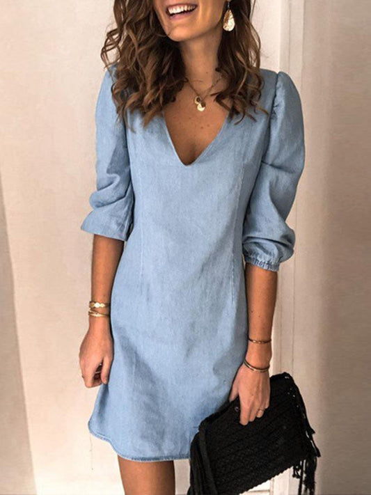 Stunncal V-neck Half Sleeve Denim Mini Dress