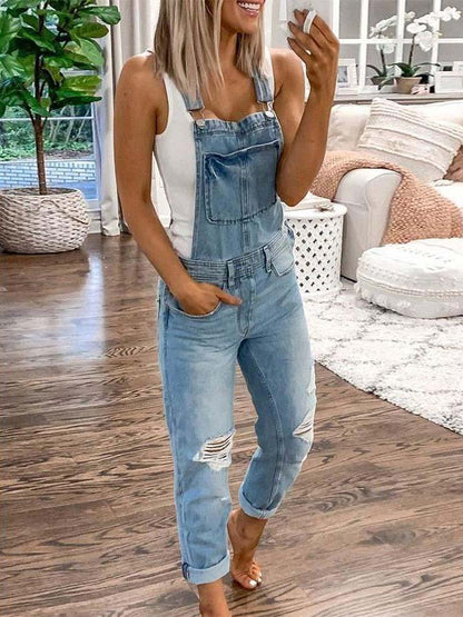 Stunncal Plain Denim Ripped Jumpsuit