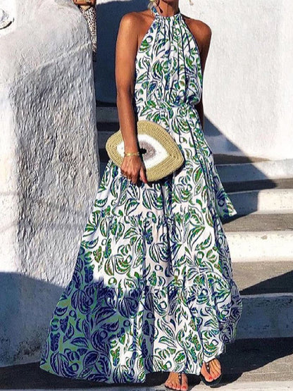 Fashion Halterneck Tropic Print Maxi Vacation Dress