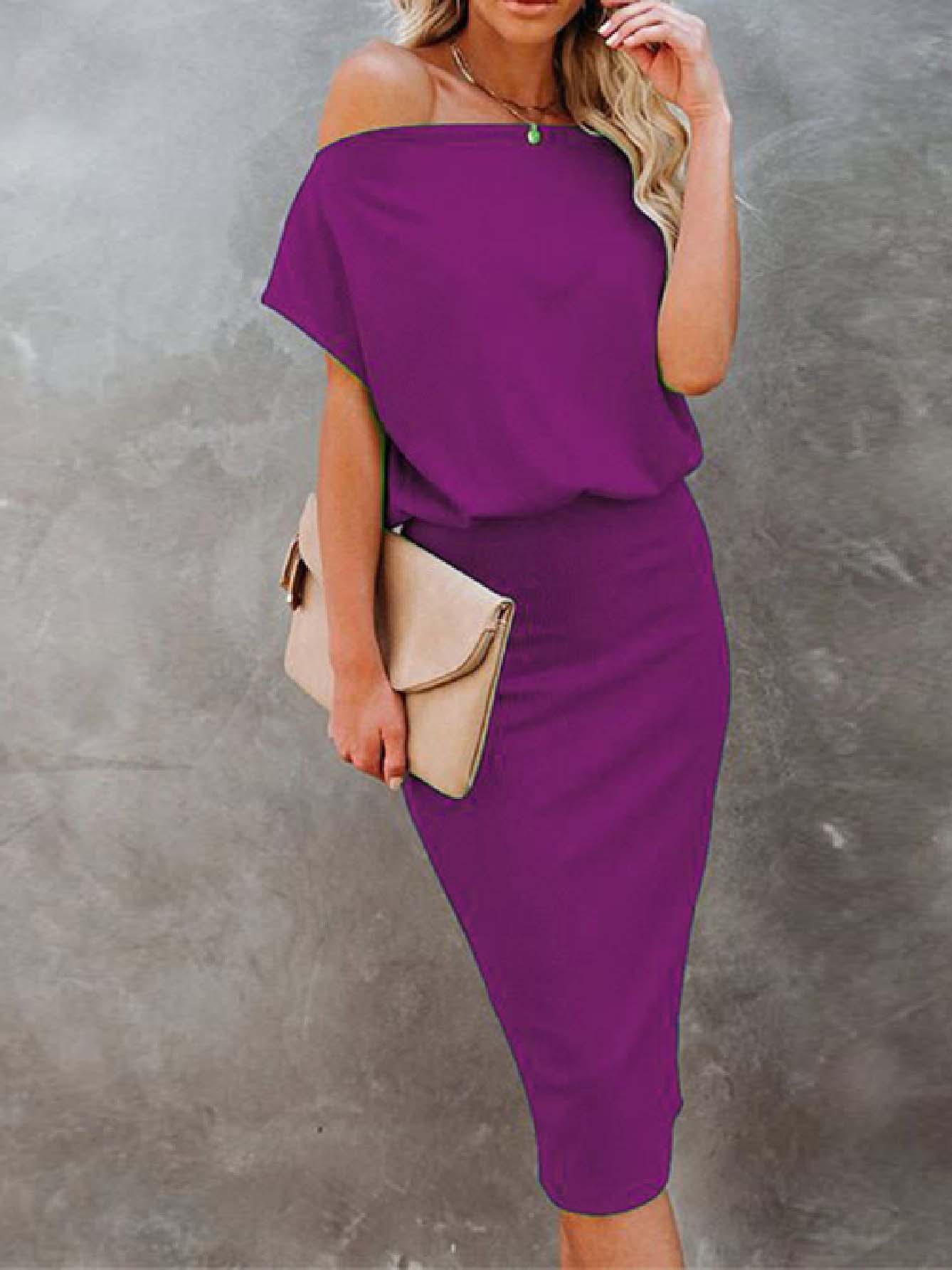 Stunncal Cold Shoulder Plain Half Sleeve Pencil Dress(8 Colors）