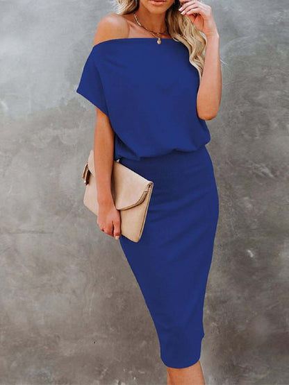 Stunncal Cold Shoulder Plain Half Sleeve Pencil Dress(8 Colors）